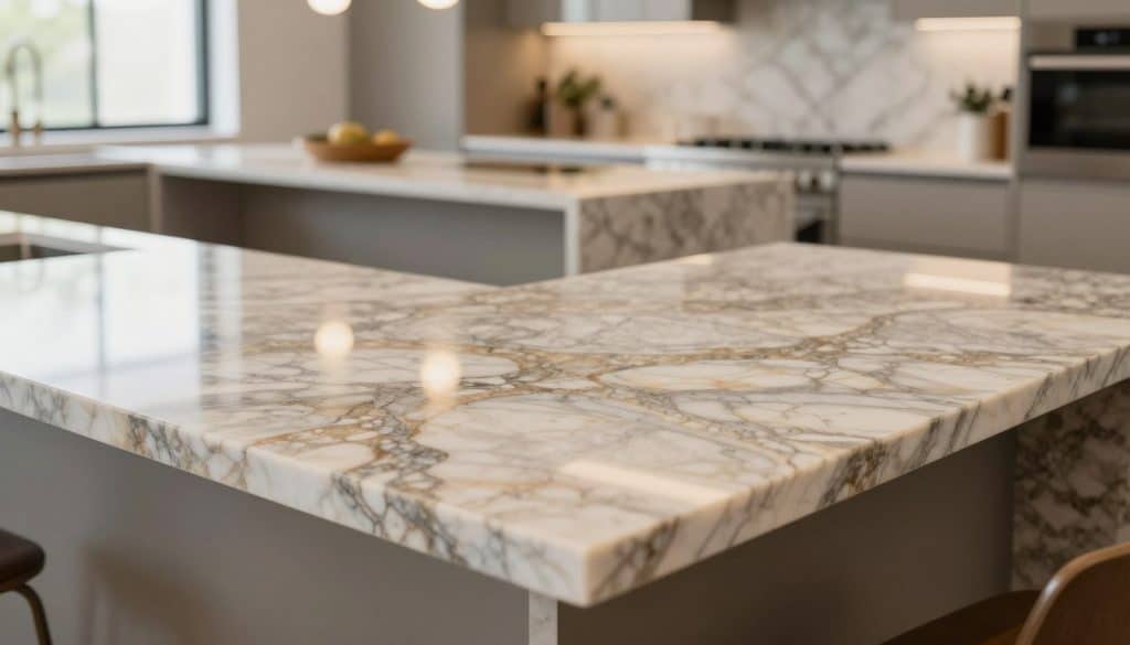 A beautifully designed kitchen featuring elegant quartzite countertops, showcasing their unique textures and natural variations. In the foreground, a close-up view highlights the shimmering, crystalline patterns and earthy tones of the quartzite, with subtle veins of white and grey running through. The middle ground displays a stylish kitchen island with modern pendant lighting, emphasizing the countertops’ reflective surface. In the background, soft-focus cabinetry and natural light from a nearby window create a warm, inviting atmosphere. The overall mood is sophisticated and contemporary, capturing the essence of luxury and durability associated with quartzite. The scene is well-lit to enhance the sparkle and depth of the materials, shot from a slightly elevated angle to provide a comprehensive view without any text or distractions.