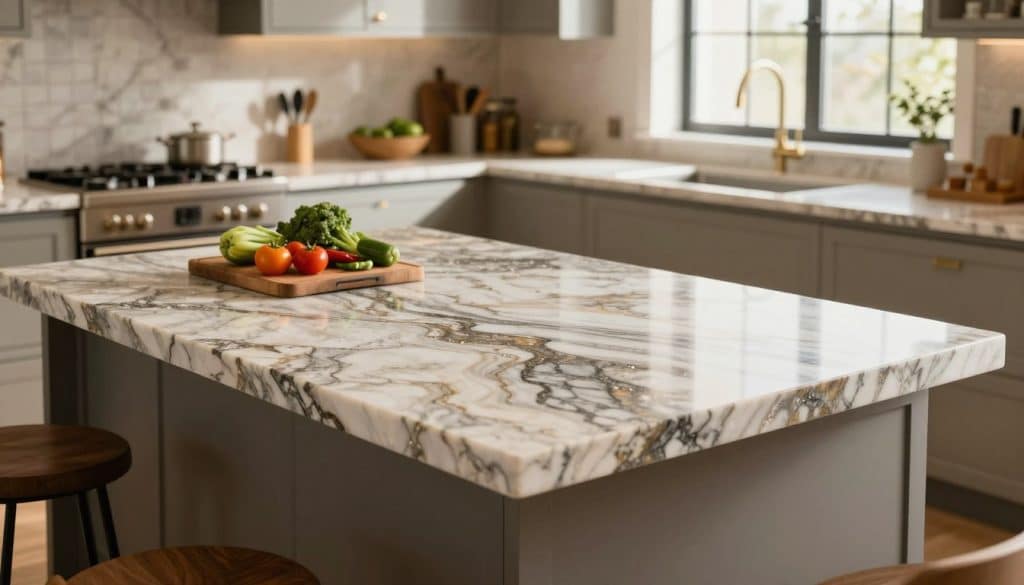 A beautifully designed modern kitchen showcasing a stunning quartzite countertop. In the foreground, a sleek, polished countertop displays intricate patterns of rich, natural hues with subtle sparkling flecks, emphasizing its durability. On the countertop, a cutting board, fresh vegetables, and a set of high-quality kitchen tools suggest preparation of a meal. In the middle ground, soft-focus cabinetry with stylish hardware complements the countertop. The background features a warm, inviting atmosphere, with natural light streaming through a window, highlighting the textures of the kitchen elements. The scene's mood is elegant and functional, conveying the beauty and resilience of quartzite in real kitchen environments. Shot with a wide-angle lens to capture the spaciousness, the image radiates a sense of warmth and practicality.