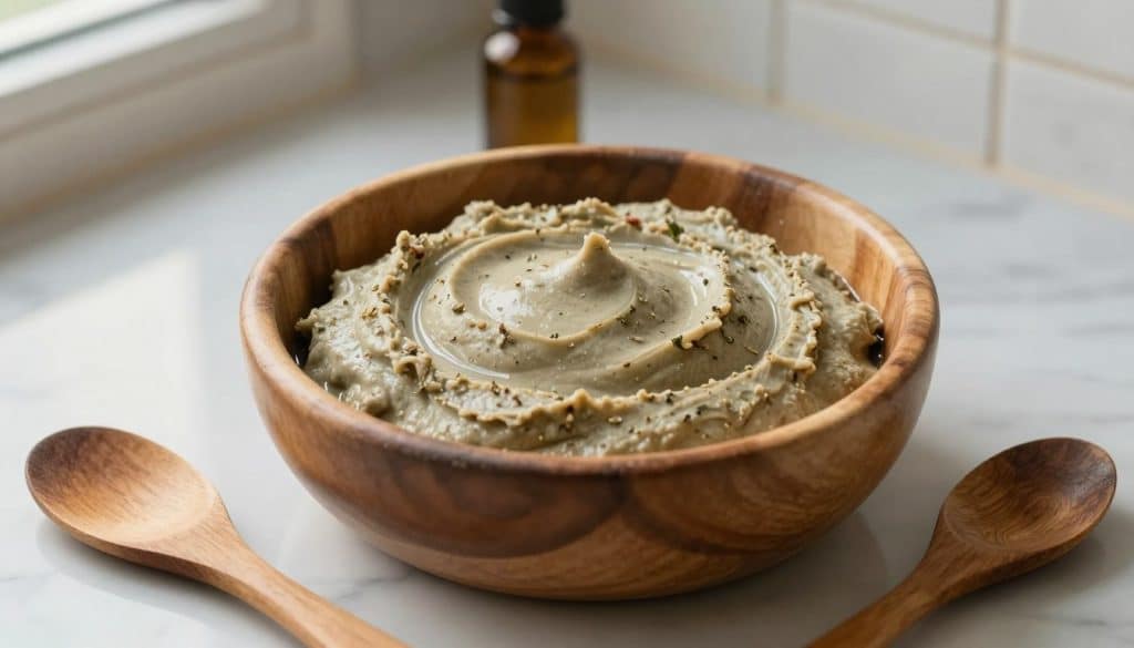 A close-up composition of a freshly prepared poultice paste, nestled in a rustic wooden bowl on a marble countertop. The poultice is a thick, creamy mixture made from natural clay and water, interspersed with small bits of herbs for texture. Nearby, a wooden spatula rests alongside the bowl, and a small jar of essential oil sits open, hinting at additional ingredients. Soft, diffused natural light filters in from a window, casting gentle shadows and highlighting the rich earthy tones of the ingredients. In the background, blurred outlines of marble tiles subtly reflect the article's focus, creating an inviting, warm atmosphere that embodies the essence of home remedy practices. The overall mood is calm and professional, illustrating the careful preparation of a cleaning solution for stone surfaces.