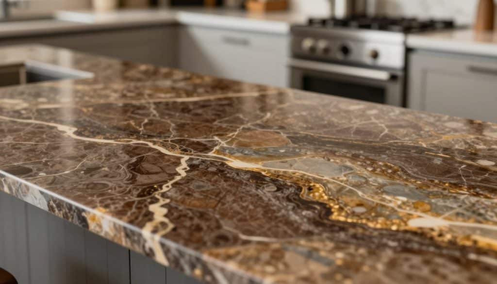 A close-up of stunning marble stains displayed on a countertop, showcasing rich veins of deep browns, golds, and subtle grays. The foreground features the polished surface of the marble, capturing the intricate details of natural blemishes and patterns in high resolution. In the middle ground, soft diffuse lighting enhances the glossy finish of the marble, while gentle reflections subtly highlight the textured imperfections. The background features a blurred kitchen scene with modern appliances and neutral colors to create a contemporary atmosphere, emphasizing the elegance and sophistication of marble surfaces. The mood is both luxurious and informative, inviting viewers to consider the beauty and maintenance of marble in kitchens and bathrooms. The image should evoke a sense of curiosity and appreciation for natural stone.