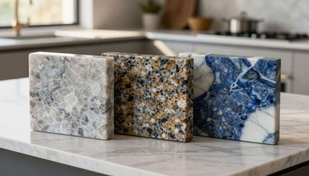 A close-up, side-by-side comparison of quartzite, granite, and marble surfaces, showcasing their distinct textures and colors. In the foreground, polished samples of each stone are arranged on a sleek, modern countertop. The quartzite has a unique crystalline pattern with light grays and whites; the granite displays rich speckles of black, brown, and gold; while the marble features smooth veins of deep blue and white. In the middle ground, a soft-focus kitchen setting enhances the luxurious feel, illuminated by natural sunlight streaming through a window, creating warm highlights on the stone surfaces. The background is blurred to keep the focus on the stone comparison, evoking a serene and sophisticated atmosphere perfect for a high-end kitchen design.