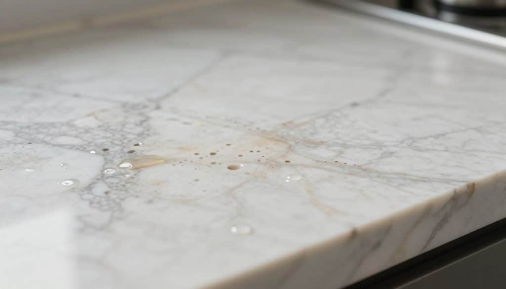 A close-up view of a polished marble surface showcasing distinct porosity features. In the foreground, highlight the intricate patterns of the marble, with fine veins and subtle color variations, creating a visually striking texture. The middle ground should display small water droplets pooling in the porous areas, illustrating how liquids can seep into the stone. The background features a soft-focus kitchen countertop, emphasizing the marble as a natural surface. Use soft, diffused lighting to enhance the sheen of the marble and accentuate the contrast between the glossy surface and the matte porous sections. The mood is elegant yet practical, showcasing the beauty and vulnerability of marble in everyday settings, capturing the essence of how stains can form without text or overlays.