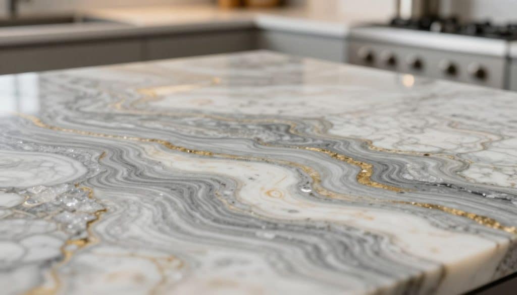 A close-up view of polished quartzite natural stone displaying its unique patterns of swirling grays, whites, and hints of gold. In the foreground, showcase a smooth, shiny slab with intricate textures, capturing the crystalline structure of the stone. The middle ground should include more quartzite slabs arranged artistically to highlight the variations in color and veining. The background features a soft-focus kitchen setting, suggesting a modern countertop installation, with warm, natural lighting illuminating the scene. Use a macro lens effect to emphasize the stone’s details, creating a serene, elegant atmosphere that conveys the beauty and sophistication of quartzite.