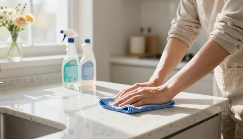 A kitchen scene featuring a pristine quartzite countertop, illuminated by soft, natural morning light filtering through a window. In the foreground, a professional cleaner in modest, casual clothing is using a microfiber cloth to wipe the surface, ensuring a daily shine. The middle ground showcases neatly arranged cleaning supplies, including a spray bottle and a gentle cleaner, enhancing the sense of a thorough cleaning routine. The background reveals a bright, airy kitchen with light-colored cabinets and a vase of fresh flowers, creating a welcoming and fresh atmosphere. Capture the mood of cleanliness and professionalism with a warm color palette and a slightly elevated camera angle for depth. A kitchen scene featuring a pristine quartzite countertop, illuminated by soft, natural morning light filtering through a window. In the foreground, a professional cleaner in modest, casual clothing is using a microfiber cloth to wipe the surface, ensuring a daily shine. The middle ground showcases neatly arranged cleaning supplies, including a spray bottle and a gentle cleaner, enhancing the sense of a thorough cleaning routine. The background reveals a bright, airy kitchen with light-colored cabinets and a vase of fresh flowers, creating a welcoming and fresh atmosphere. Capture the mood of cleanliness and professionalism with a warm color palette and a slightly elevated camera angle for depth.