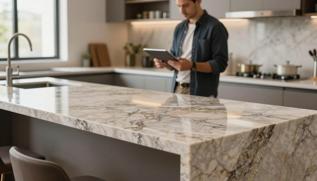 A beautifully designed kitchen featuring elegant quartz countertops in the foreground, showcasing a rich variety of colors and patterns, such as subtle veining and sparkling details that highlight their luxurious appearance. In the middle ground, a professional interior designer in smart casual attire examines the countertops, using a tablet to take notes. The background features a well-lit space with modern cabinetry and soft natural light streaming in through a window, creating a warm and inviting atmosphere. The overall mood is one of sophistication and practicality, emphasizing both the aesthetic appeal and the functional aspects of quartz countertops. The lens captures a slight angle to give depth to the scene, while soft shadows provide contrast, enhancing the visual interest. - quartz countertops vs silestone
