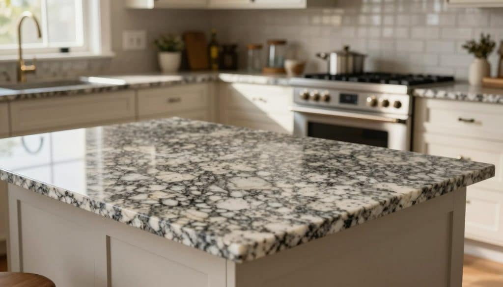 A beautifully designed kitchen featuring stunning granite countertops as the focal point. In the foreground, showcase the sleek, polished surface of the granite with intricate veining patterns in shades of deep grey and speckled white. In the middle, display elegant kitchen cabinetry and modern appliances that complement the natural stone's beauty. The background should hint at an inviting open space, softly lit by warm, natural sunlight streaming through a window, creating a cozy atmosphere. A slight depth of field effect emphasizes the countertops while maintaining clarity on the surrounding decor. The overall mood should evoke a sense of warmth and sophistication, highlighting the heat resistance and durability of granite in a stylish home setting. A beautifully designed kitchen featuring stunning granite countertops as the focal point. In the foreground, showcase the sleek, polished surface of the granite with intricate veining patterns in shades of deep grey and speckled white. In the middle, display elegant kitchen cabinetry and modern appliances that complement the natural stone's beauty. The background should hint at an inviting open space, softly lit by warm, natural sunlight streaming through a window, creating a cozy atmosphere. A slight depth of field effect emphasizes the countertops while maintaining clarity on the surrounding decor. The overall mood should evoke a sense of warmth and sophistication, highlighting the heat resistance and durability of granite in a stylish home setting.