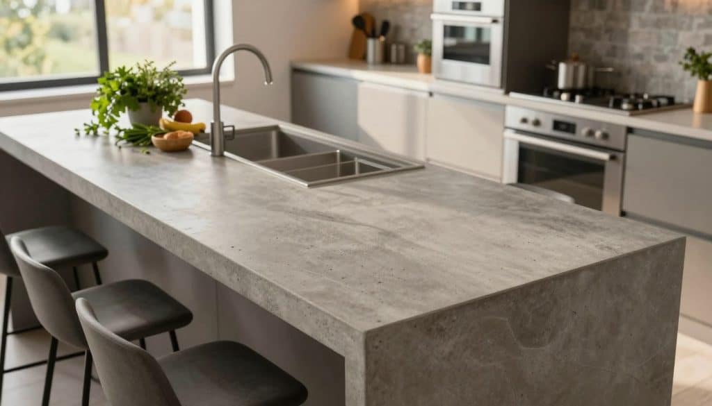 A beautifully designed modern kitchen featuring a stunning concrete countertop as the focal point. The foreground showcases the sleek, textured surface of the concrete, emphasizing its grain and natural variations. In the middle ground, a stylish kitchen island with minimalist bar stools complements the countertop, while a well-organized arrangement of fresh herbs and cooking utensils adds a touch of liveliness. The background transitions to elegant cabinetry and stainless steel appliances, all bathed in warm, natural light filtering through a large window. The scene captures a contemporary, inviting atmosphere, perfect for a modern remodel, showcasing the versatility and aesthetic appeal of concrete as a countertop material. Use a slight top-down angle to capture the depth and texture effectively.