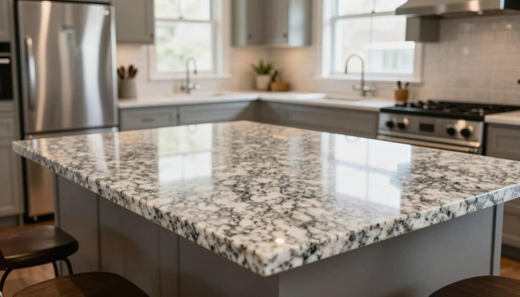 A beautifully installed granite countertop displayed in a modern kitchen setting. In the foreground, focus on a polished slab of gray and white speckled granite glistening under soft, warm lighting, showcasing its luxurious texture and patterns. The middle ground features a well-organized kitchen with stainless steel appliances and sleek cabinetry, enhancing the elegance of the granite surface. In the background, a bright window lets in natural light, casting gentle shadows that accentuate the countertop's surface. The atmosphere is inviting and sophisticated, perfect for a home setting, calling attention to the beauty and cost-effectiveness of granite countertops. Use a wide-angle lens to capture the entire scene and emphasize the spaciousness of the kitchen while maintaining clarity in the details of the granite. Preferred lighting is soft and natural to enhance the materials' richness without harsh contrasts.