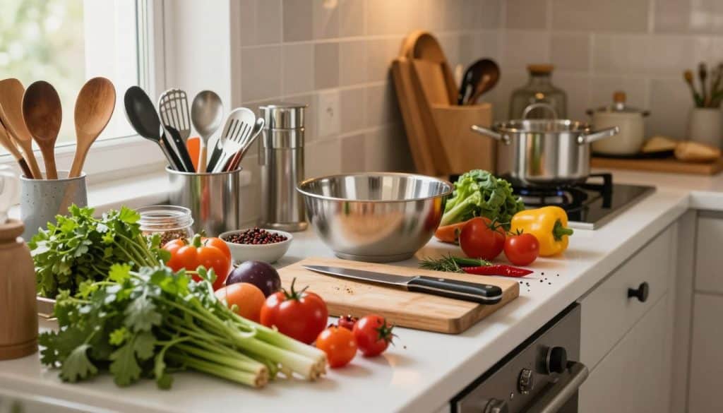 A busy kitchen countertop filled with various cooking essentials, reflecting the dynamic energy of a high-traffic household. In the foreground, a colorful array of fresh vegetables, herbs, and spices scattered around a cutting board, with a knife resting nearby. In the middle ground, a gleaming stainless steel mixing bowl and a cluttered collection of utensils, including wooden spoons and measuring cups, showcasing an active cooking scene. The background features a cozy kitchen setting with warm, inviting light pouring in from a window, highlighting a stylish backsplash and cabinetry. The mood is lively and functional, capturing the essence of a well-used kitchen space. The angle is slightly overhead, providing an inclusive view of the countertop's vibrant activity.