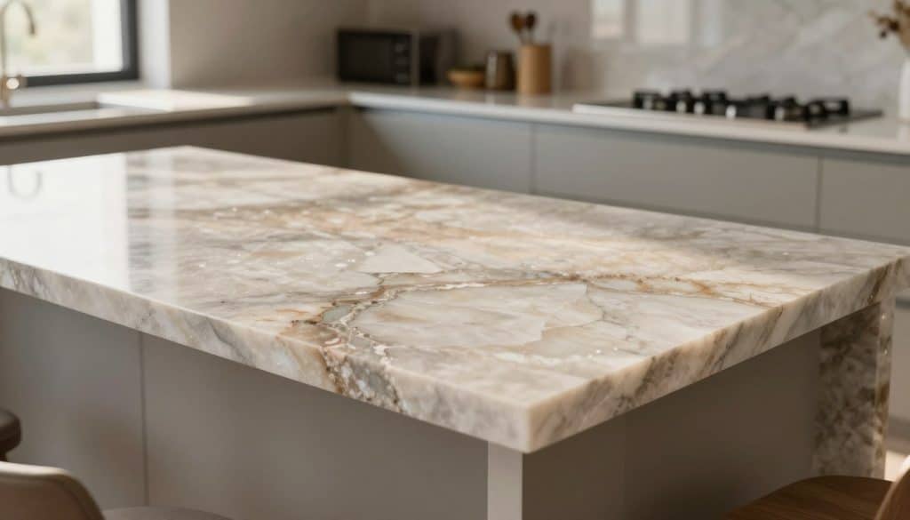 A close-up view of a beautiful quartz countertop showcasing its intricate patterns and textures. The countertop is elegantly installed in a modern kitchen setting with soft morning light filtering through a nearby window, casting gentle shadows. In the foreground, focus on the gleaming surface, highlighting the variations in color and the natural sparkles that characterize the quartz. The middle ground features sleek cabinetry and tasteful kitchen accessories, while the background hints at a stylish open-plan layout, demonstrating contemporary design. The overall mood is warm and inviting, yet subtly emphasizes the elegance of quartz with a polished, professional atmosphere.