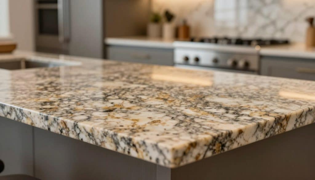 A close-up view of a luxurious granite countertop featuring intricate patterns and textures, showcasing the rich speckles and veins unique to natural stone. In the foreground, include a polished granite slab, reflecting ambient light to emphasize its smooth surface. The middle ground should contain a soft-focus view of a modern kitchen setting, with stylish cabinets and subtle decor that complements the granite's color scheme. The background features warm, diffused lighting, creating an inviting atmosphere. Use a narrow depth of field to draw attention to the granite texture while hinting at the overall elegance of the kitchen. The image should evoke a sense of sophistication and quality, ideal for discerning homeowners considering various countertop materials. A close-up view of a luxurious granite countertop featuring intricate patterns and textures, showcasing the rich speckles and veins unique to natural stone. In the foreground, include a polished granite slab, reflecting ambient light to emphasize its smooth surface. The middle ground should contain a soft-focus view of a modern kitchen setting, with stylish cabinets and subtle decor that complements the granite's color scheme. The background features warm, diffused lighting, creating an inviting atmosphere. Use a narrow depth of field to draw attention to the granite texture while hinting at the overall elegance of the kitchen. The image should evoke a sense of sophistication and quality, ideal for discerning homeowners considering various countertop materials.