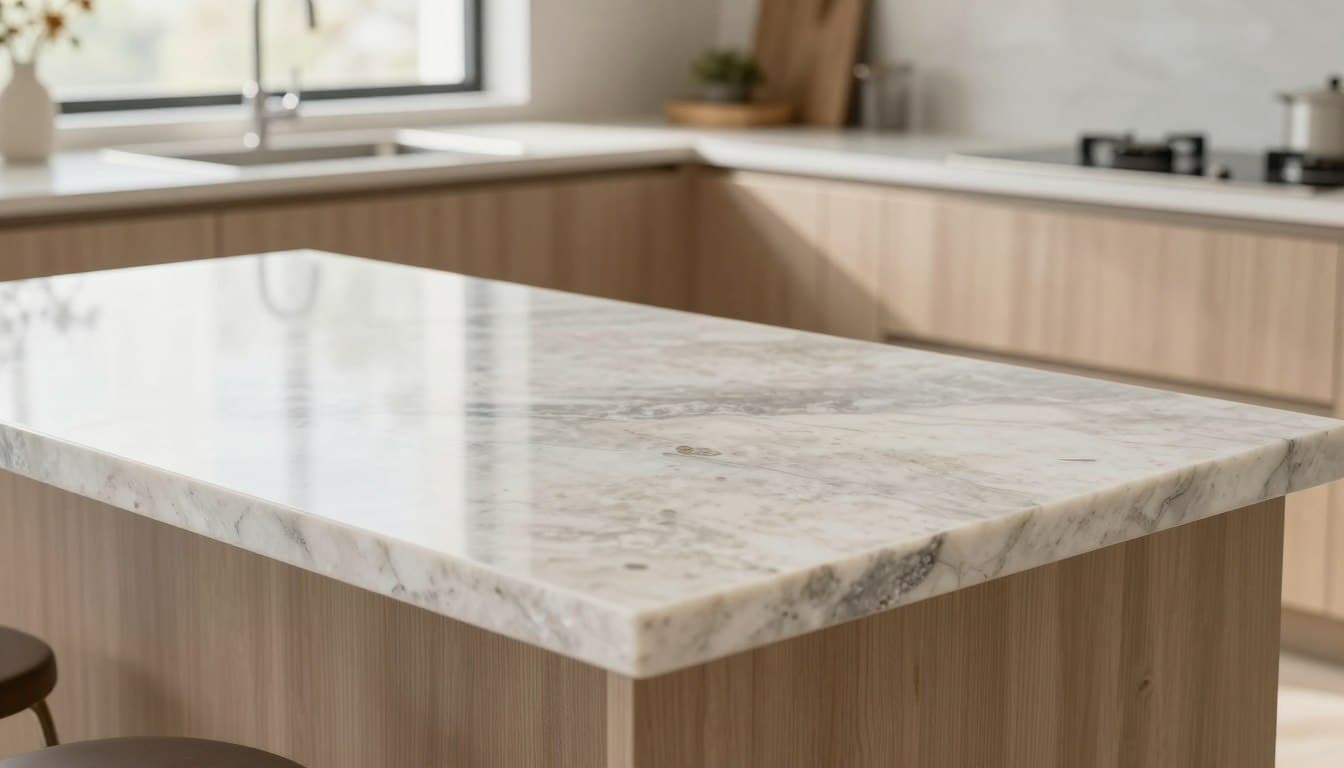 A polished quartz countertop occupies the foreground, showcasing its intricate patterns of whites, grays, and subtle flecks of minerals, reflecting a soft sheen under natural lighting. The middle ground features an elegant kitchen setting, with minimalist cabinetry and soft, warm wood accents that complement the quartz surface. In the background, a bright, open window allows gentle sunlight to pour in, creating a welcoming atmosphere. The camera angle is a slightly elevated view, highlighting the countertop's smooth edges and sophisticated design. The mood is serene and inviting, emphasizing the low-maintenance appeal and modern aesthetics of quartz countertops, perfect for contemporary living spaces. - quartz countertops or granite