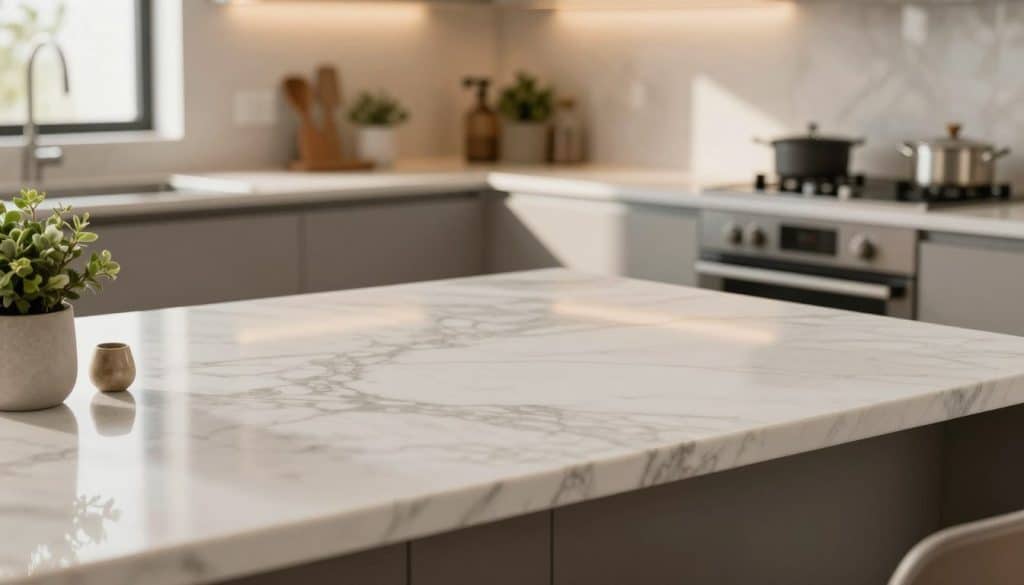 A stunning kitchen countertop comparison featuring a luxurious marble surface on one side, showcasing its elegant veining and polished finish, while on the opposite side, a sleek quartz countertop, highlighting its smooth and contemporary look. In the foreground, delicate decorative elements like a small potted plant and kitchen utensils create a warm, inviting atmosphere. The middle ground captures a well-lit kitchen scene with modern cabinetry and ambient light filtering through a window, casting soft shadows. The background includes blurred hints of stylish kitchen appliances, enhancing the high-end feel. Use soft, natural lighting to evoke a cozy yet sophisticated mood, with a slight emphasis on texture to highlight the differences between marble and quartz finishes.