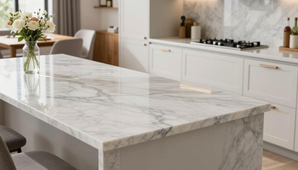 A stylish kitchen featuring elegant quartz countertops, showcasing a sleek, polished surface in a palette of white and soft gray with subtle veining. The foreground includes a modern kitchen island with sparkling quartz, adorned with a vase of fresh flowers. In the middle ground, high-end cabinets complement the countertops, finished in a soft matte white with brushed metal handles. The background reveals a cozy dining area with warm wooden accents, bathed in natural light streaming through large windows. The lighting is bright yet soft, creating an inviting atmosphere. The perspective is slightly elevated, capturing the beauty of the countertop texture and the overall sophistication of contemporary kitchen design.