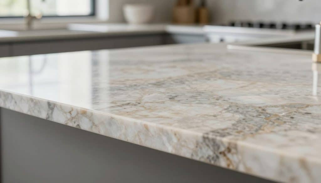A close-up view of a polished quartz countertop, showcasing its unique crystalline structure and intricate color variations. The foreground highlights smooth, reflective surfaces with subtle flecks of white, grey, and soft beige, creating an elegant and modern look. In the middle, there are gentle play of light reflections enhancing the shiny surface, while a soft shadow is cast to provide depth. The background features a softly blurred kitchen environment, filled with natural light streaming through a window, giving a clean and inviting atmosphere. The mood is serene and sophisticated, emphasizing the beauty and maintenance of quartz surfaces in a professional setting. - quartz countertops versus granite