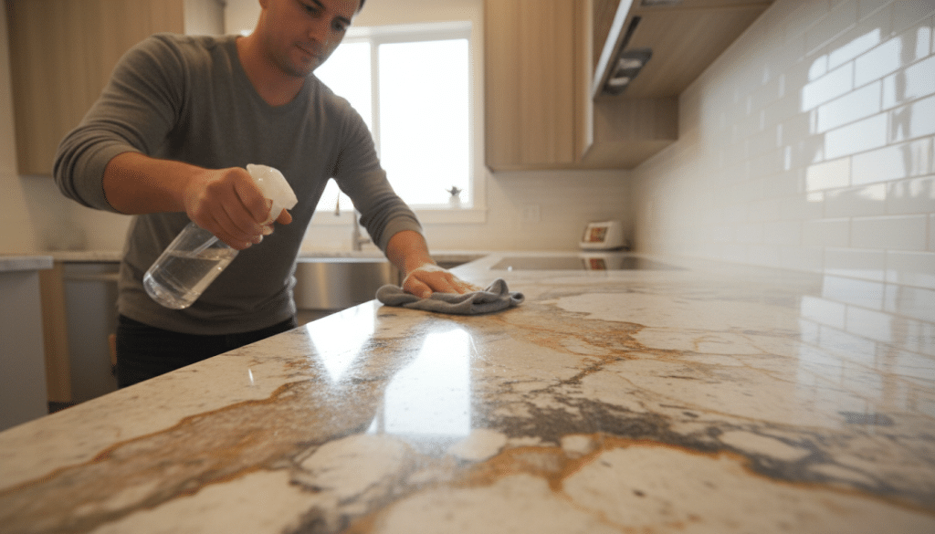 A close-up view of a professional cleaning expert carefully applying a gentle quartzite cleaner to a beautifully textured leathered quartzite countertop. In the foreground, the expert, dressed in modest casual clothing, uses a soft, microfiber cloth to wipe the surface, revealing the quartzite's unique patterns and color variations. The middle ground showcases the stunning details of the quartzite, with rich earthy tones and a slightly glossy finish. In the background, a well-lit kitchen environment, featuring modern cabinetry and natural light streaming in through a window, enhances the scene. The lighting is bright yet soft, creating a clean and inviting atmosphere, while the camera angle focuses on the interaction between the cleaner and the countertop, emphasizing expert care and attention to detail. - caring for quartzite countertops