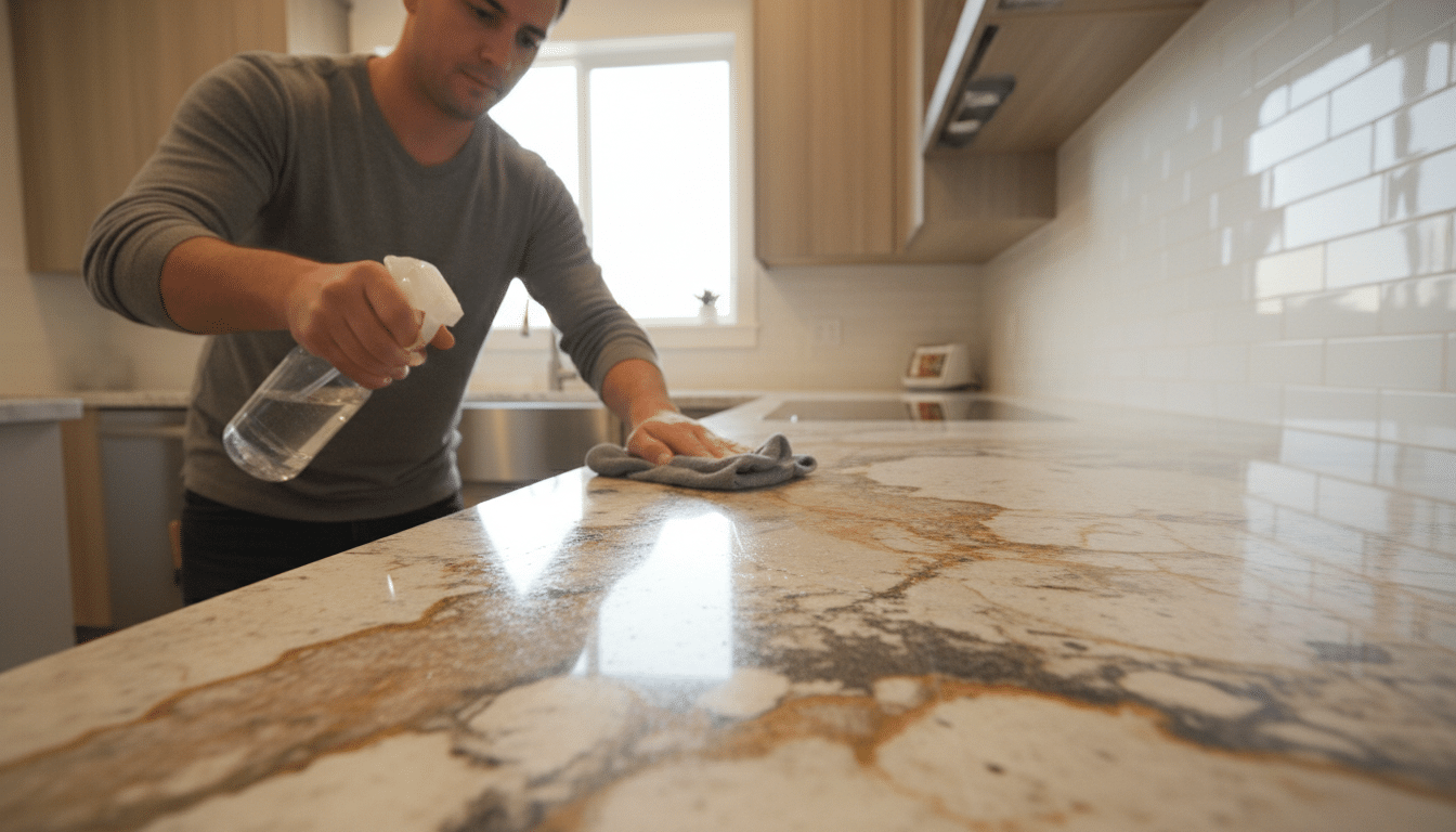 A close-up view of a professional cleaning expert carefully applying a gentle quartzite cleaner to a beautifully textured leathered quartzite countertop. In the foreground, the expert, dressed in modest casual clothing, uses a soft, microfiber cloth to wipe the surface, revealing the quartzite's unique patterns and color variations. The middle ground showcases the stunning details of the quartzite, with rich earthy tones and a slightly glossy finish. In the background, a well-lit kitchen environment, featuring modern cabinetry and natural light streaming in through a window, enhances the scene. The lighting is bright yet soft, creating a clean and inviting atmosphere, while the camera angle focuses on the interaction between the cleaner and the countertop, emphasizing expert care and attention to detail. - caring for quartzite countertops