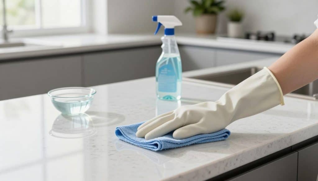 A modern kitchen featuring a clean, sleek quartz countertop, showcasing its glossy surface reflecting soft, natural light from a nearby window. In the foreground, a pair of hands wearing modest rubber gloves carefully wipes the counter with a microfiber cloth, emphasizing a streak-free cleaning technique. The middle ground includes essential cleaning supplies like a gentle cleaner spray bottle and a small bowl of warm water, strategically placed on the countertop. In the background, stylish cabinetry and a potted plant create an inviting atmosphere, enhancing the kitchen's contemporary feel. The overall mood is fresh, bright, and meticulous, conveying a sense of cleanliness and order. The image is shot from a slightly elevated angle to capture all elements elegantly. - how to clean quartz countertops