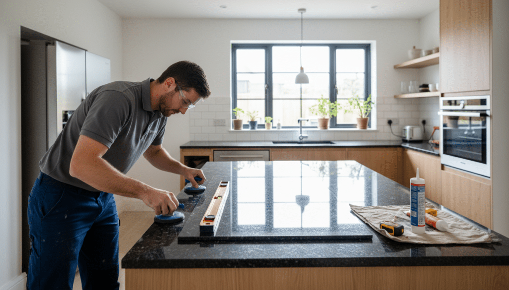 A pristine, modern kitchen featuring a beautifully installed granite countertop, showcasing an elegant measurement tool, such as a tape measure or ruler, laid carefully across the countertop surface. In the foreground, a professional in smart casual attire is measuring the countertop, focused and precise, embodying the essence of careful planning. The middle ground consists of neatly arranged samples of various countertops, highlighting different textures and colors for visual contrast. In the background, warm, natural light filters through a window, casting soft shadows and creating an inviting atmosphere. A sleek, minimalist design aesthetic complements the overall scene, emphasizing clarity and professionalism, inspiring confidence in the countertop measurement process. A modern kitchen scene showcasing a professional installing a stylish countertop. In the foreground, the installer, dressed in professional work attire, carefully aligns a sleek granite countertop on a wooden cabinet. Tools such as a level, measuring tape, and adhesive can be seen nearby. In the middle, the countertop features a polished surface reflecting soft overhead lighting, illuminating its rich textures and colors. Background elements include contemporary kitchen appliances, a bright window allowing natural light to flood the room, and minimalistic decor that enhances the space. The overall atmosphere is one of precision and professionalism, capturing the essence of trusted countertop installation services for both homes and commercial spaces. - countertop installation cost