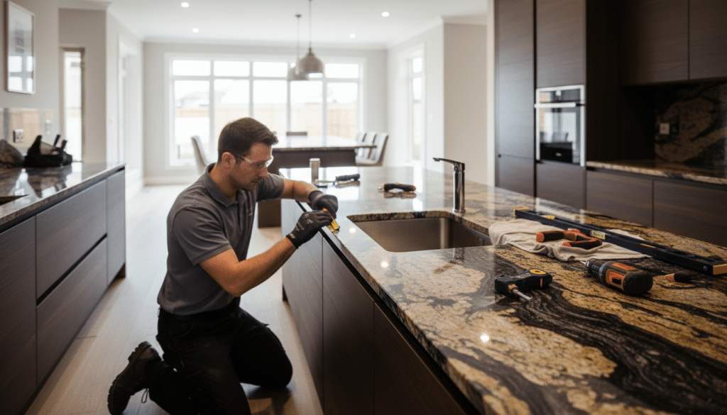 A modern kitchen showcasing a stunning granite countertop, rich shades of black and deep gold intermingling across the surface, reflecting a polished sheen. In the foreground, a skilled installer in professional attire thoughtfully measures the countertop, demonstrating precision and care. The middle ground features a partially installed sink, with tools neatly arranged beside it, hinting at the ongoing installation process. In the background, stylish cabinetry and a soft-focus view of a well-lit kitchen area accentuate the luxurious ambiance. The lighting is soft yet bright, illuminating the countertop’s details while creating a warm and welcoming atmosphere. The image should have a slight depth of field effect, drawing focus to the countertop and installer, conveying a sense of professionalism and craftsmanship in countertop installation. - granite countertop installation cost