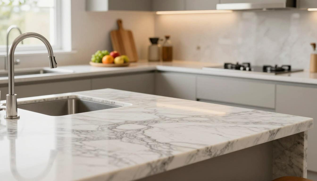 A beautifully designed kitchen featuring elegant quartz countertops with a polished finish, showcasing a blend of white and gray veining that mimics natural stone. In the foreground, a modern sink with a sleek faucet reflects soft, warm light from a nearby window. In the middle, the quartz countertops display minimal, vibrant kitchen accessories like a cutting board and fresh fruit, emphasizing the space's cleanliness and functionality. The background consists of tasteful cabinetry and tasteful decor that complements the countertops without overwhelming the scene. The image should capture a bright, airy mood, with natural light illuminating the space to evoke a sense of warmth and sophistication. The perspective is slightly angled to showcase both the countertops and the overall kitchen layout, creating an inviting atmosphere. - quartz countertops pros and cons
