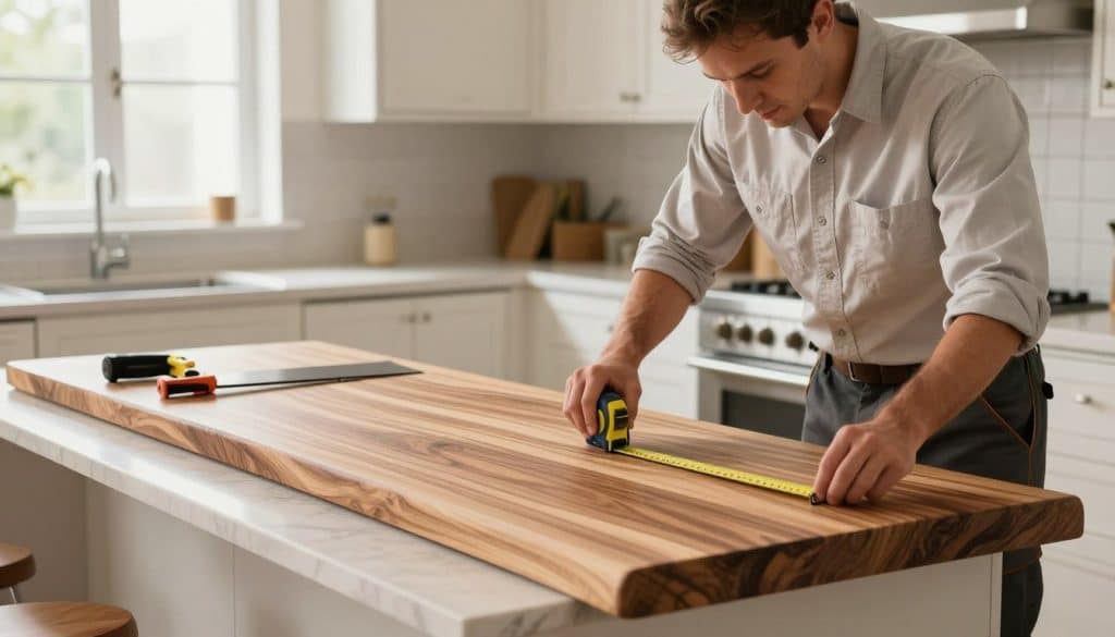 A professional kitchen installation scene in Minneapolis, MN, showcasing a skilled contractor measuring and installing a beautiful quartz countertop. In the foreground, the contractor, dressed in a neatly pressed business shirt and work pants, is focused on precise measurements with a tape measure. The middle layer features a modern kitchen with sleek cabinetry, warm wood tones, and a stylish backsplash, highlighting the importance of quality materials. The background captures a glimpse of Minneapolis' skyline through a window, bathed in soft, natural light that creates a welcoming atmosphere. The image evokes a sense of professionalism and craftsmanship essential for homeowners considering countertop installations. The angle is slightly elevated, providing a comprehensive view that emphasizes both the work being done and the inviting kitchen environment. A kitchen scene showcasing a professional installation of butcher block countertops. In the foreground, a skilled craftsman, dressed in a clean, professional work shirt and pants, meticulously measures the countertop material with a tape measure, demonstrating attention to detail. The middle ground features a beautifully finished butcher block countertop, rich in wood grain textures, beside a set of tools like a saw and clamps, highlighting the installation process. The background consists of a well-lit kitchen with cabinetry and stainless steel appliances, adding a modern touch. Soft, natural lighting floods through a window, creating a warm and inviting atmosphere, ideal for a home improvement context. The camera angle is slightly elevated to capture both the countertop and the craftsman in action, embodying the essence of precision and craftsmanship. - kitchen countertop installation cost