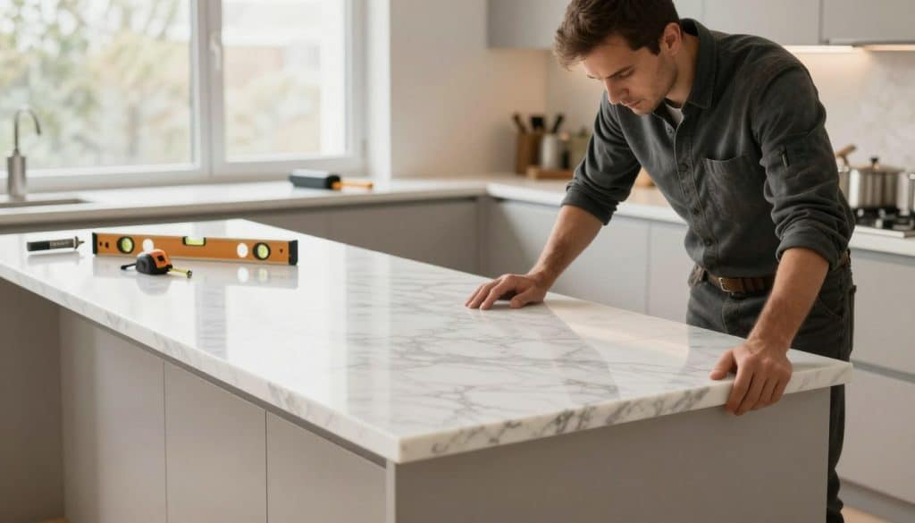 A marble countertop installation scene in a modern kitchen setting. In the foreground, a skilled artisan carefully installs a beautiful, polished white marble countertop with gray veining, adjusting its fit on sleek cabinets. The artisan is dressed in professional business attire, showcasing a focused, determined expression. In the middle ground, tools such as a level, measuring tape, and a caulking gun are neatly arranged on a workbench. Behind, large windows let in natural light, illuminating the soft, warm tones of the kitchen decor and reflecting off the marble's glossy surface. The mood is industrious yet calm, capturing the meticulous process of craftsmanship and the beauty of high-quality materials in home renovation. - how much marble countertops