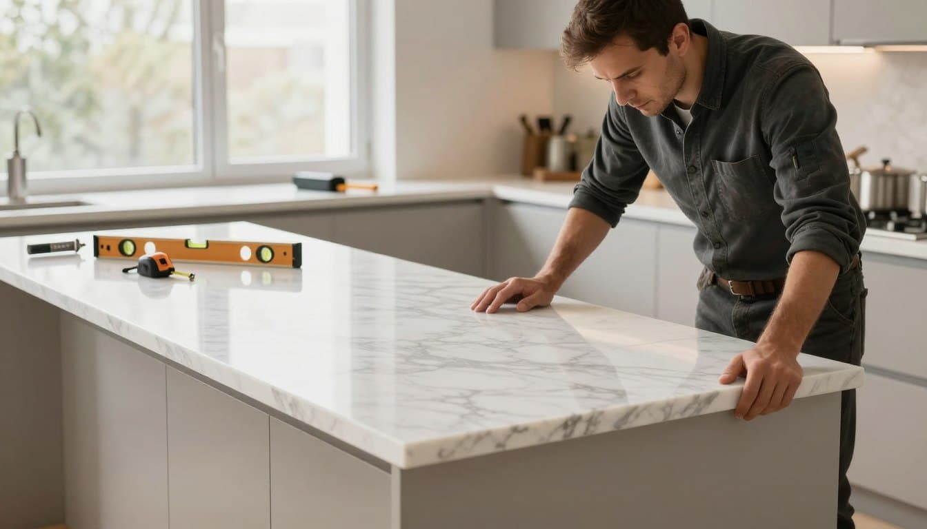 A marble countertop installation scene in a modern kitchen setting. In the foreground, a skilled artisan carefully installs a beautiful, polished white marble countertop with gray veining, adjusting its fit on sleek cabinets. The artisan is dressed in professional business attire, showcasing a focused, determined expression. In the middle ground, tools such as a level, measuring tape, and a caulking gun are neatly arranged on a workbench. Behind, large windows let in natural light, illuminating the soft, warm tones of the kitchen decor and reflecting off the marble's glossy surface. The mood is industrious yet calm, capturing the meticulous process of craftsmanship and the beauty of high-quality materials in home renovation. - how much marble countertops