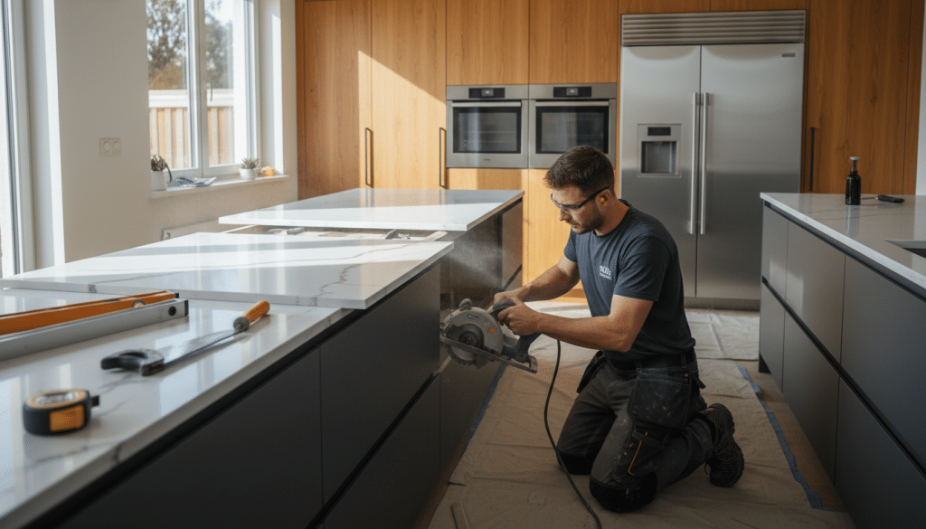 A professional kitchen scene showcasing the process of countertop installation. In the foreground, a skilled tradesperson dressed in professional work attire is carefully measuring and cutting a piece of stunning quartz countertop, focused and precise. The middle section features the countertop being fitted onto sleek, modern cabinetry, with tools like a tape measure, level, and saw neatly arranged nearby. In the background, a well-lit kitchen showcases warm wooden cabinets and stainless steel appliances, conveying a sense of professionalism and craftsmanship. Soft, natural lighting flows in from a window, enhancing the warm colors of the space, and creating an atmosphere of expertise and DIY spirit. The angle captures both the countertop and the tradesperson’s engagement in their work, emphasizing the complexity of installation. - countertop installation cost