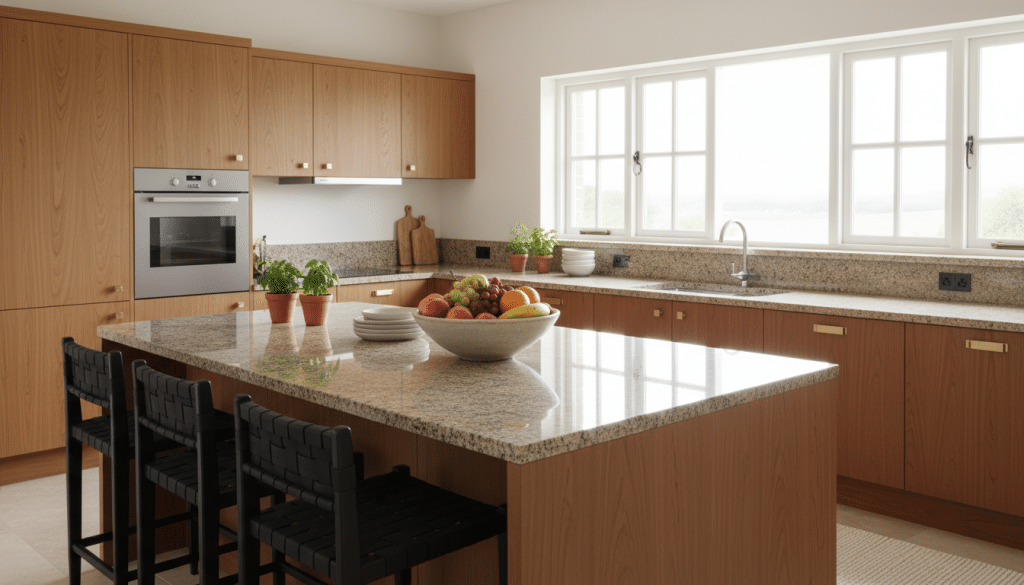 A visually engaging illustration representing the concept of "installed cost per square foot" for various kitchen countertop materials. In the foreground, showcase a polished granite countertop with a labeled price tag indicating its cost per square foot, alongside a quartz and marble slab, each with similar price tags. The middle ground should feature a stylish kitchen setting with modern cabinetry and soft under-cabinet lighting that enhances the details of the countertops. In the background, include a blurred image of a bustling Minneapolis skyline through a window, conveying a sense of location. Capture the atmosphere of a professional kitchen design environment using bright, natural lighting and an inviting, warm color palette to create an aesthetic and informative image. A modern kitchen featuring elegant granite countertops, designed for functionality and style. In the foreground, a spacious island with barstools, displaying an inviting fruit bowl. The middle ground showcases a well-organized countertop with sleek appliances, warm wooden cabinets, and tasteful decorative elements like potted herbs and stylish dishware. In the background, a large window allows natural light to flood the space, illuminating the soft textures of the surroundings. The atmosphere is warm and welcoming, suggesting an ideal environment for cooking and gathering. The scene is captured with a slight angle from a lower perspective, emphasizing the depth and angles of the kitchen layout. Lighting is bright yet soft, enhancing the rich colors and textures while maintaining a professional and elegant ambiance. - cost of kitchen countertops