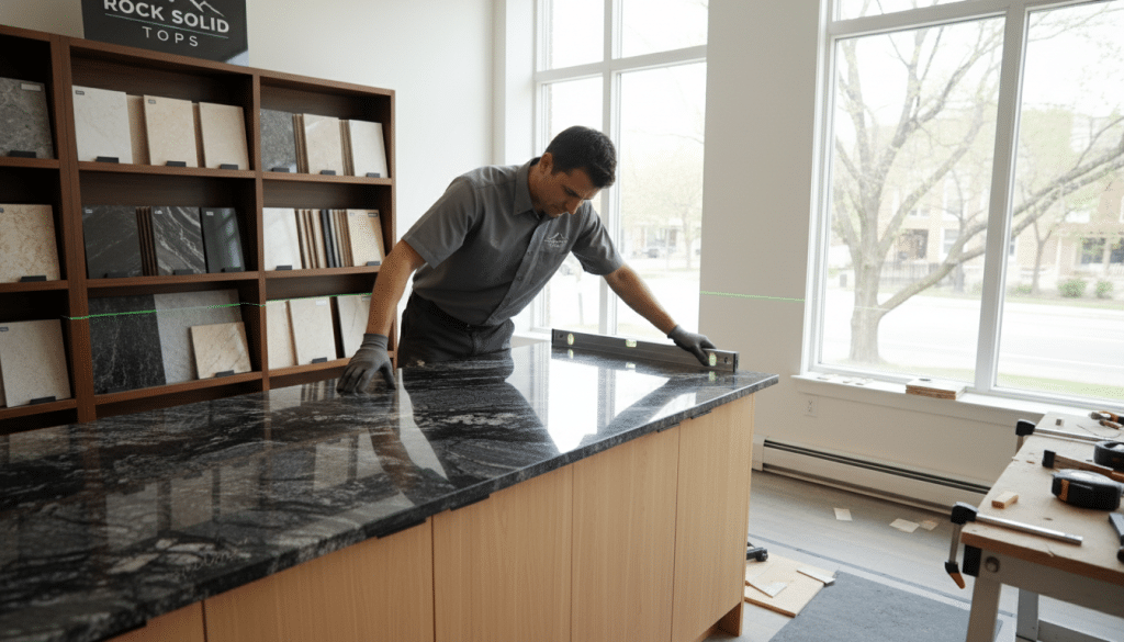 A skilled technician in professional attire carefully installs a polished granite countertop in a modern kitchen setting in Minneapolis. The foreground features the countertop being aligned with precision, showcasing its rich, dark veins and smooth surface. In the middle ground, the kitchen is bright and airy, with sunlight streaming through large windows, illuminating the space. There are tools such as a level and a measuring tape lying nearby, emphasizing the craftsmanship involved in the installation. In the background, there are shelves displaying various decorative stone samples, hinting at the variety offered by Rock Solid Tops. The overall mood is one of professionalism and expertise, conveying a serene yet industrious atmosphere, captured in a wide-angle shot with soft natural lighting highlighting the details of the countertops and the workspace. - how much granite countertops